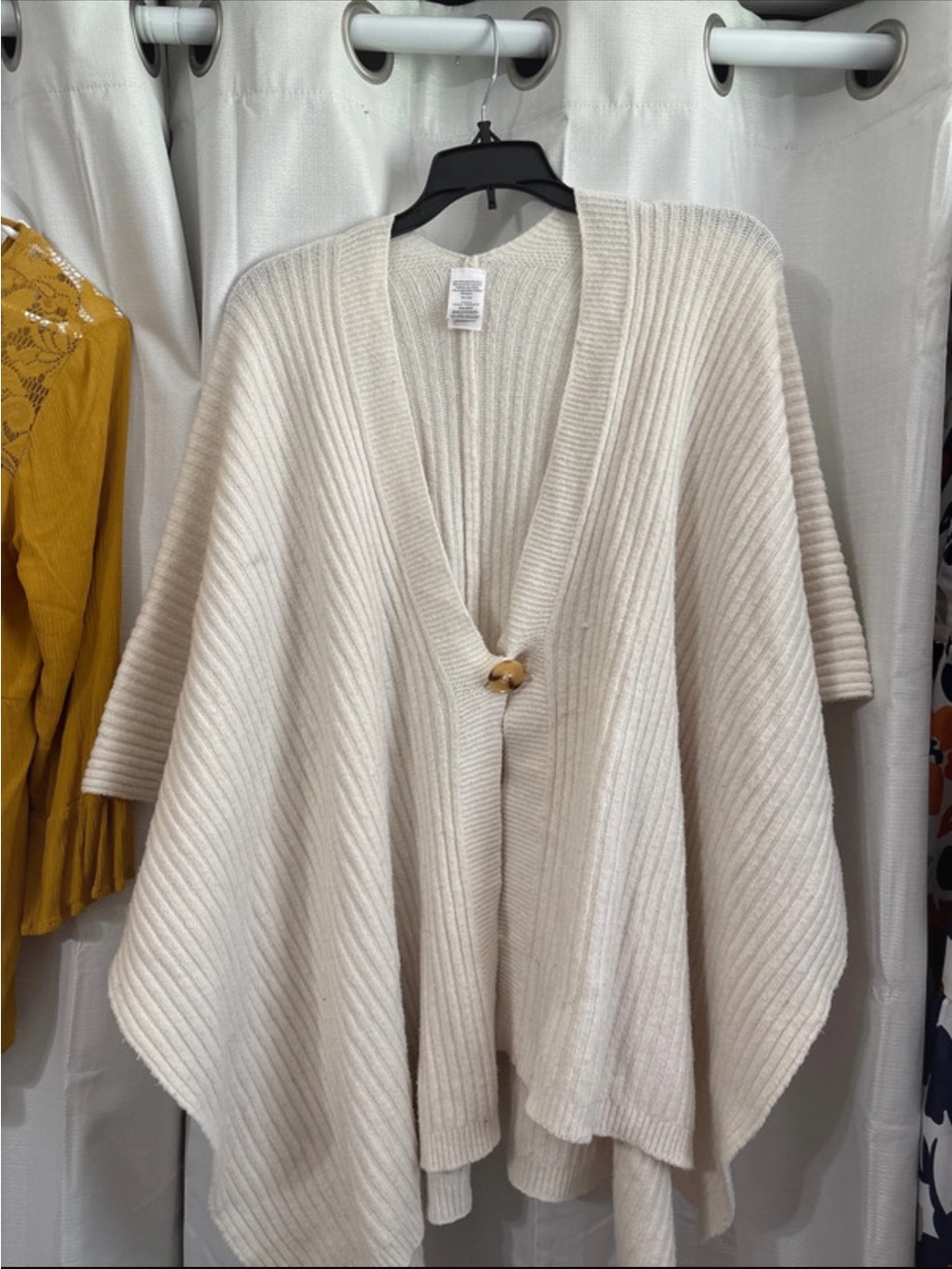 Cream Ribbed Knit Poncho Sweater with Toggle Closure